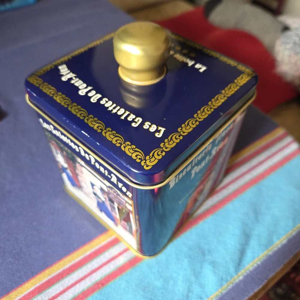 Vintage French Biscuit Tin, Blue and Gold, Top Knob, Les Galette De Pont Aven